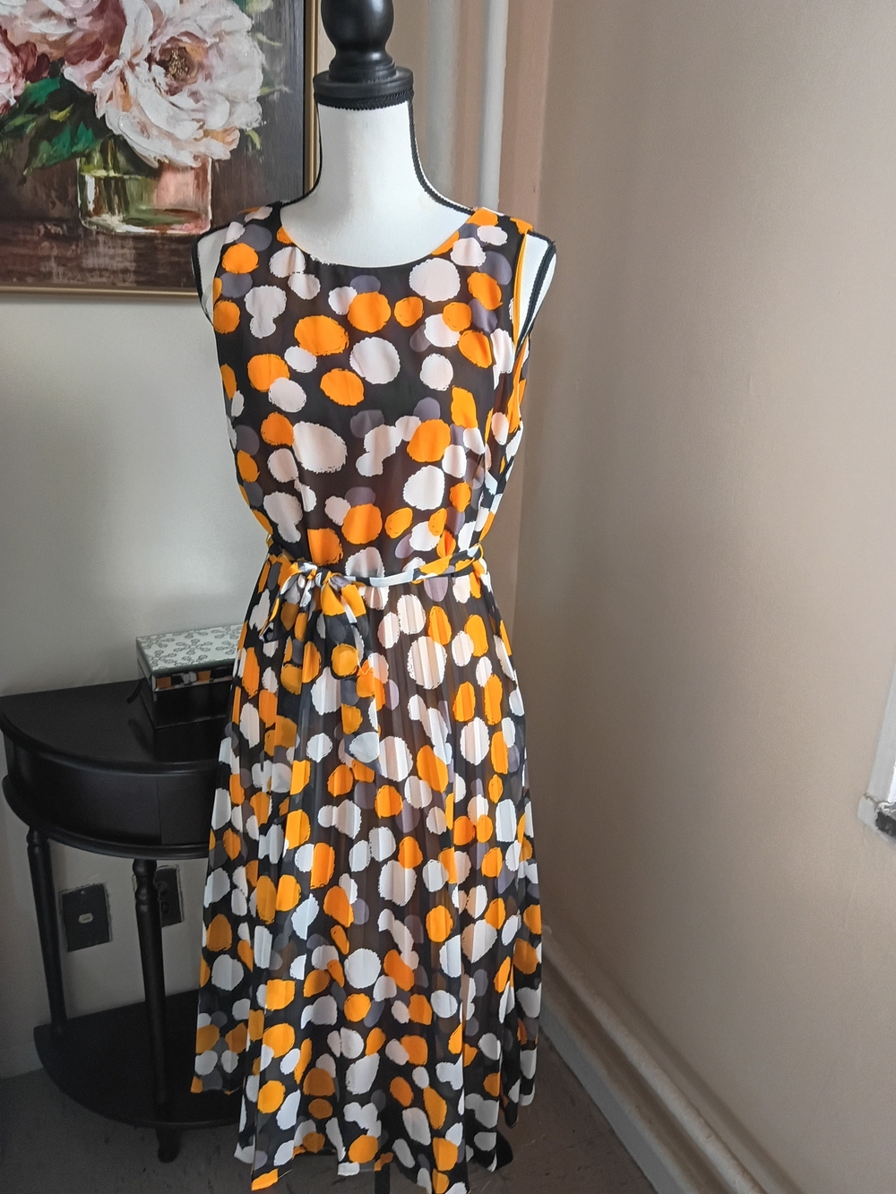 Polka Dot Sleeveless Midi Dress in Orange, White & Brown